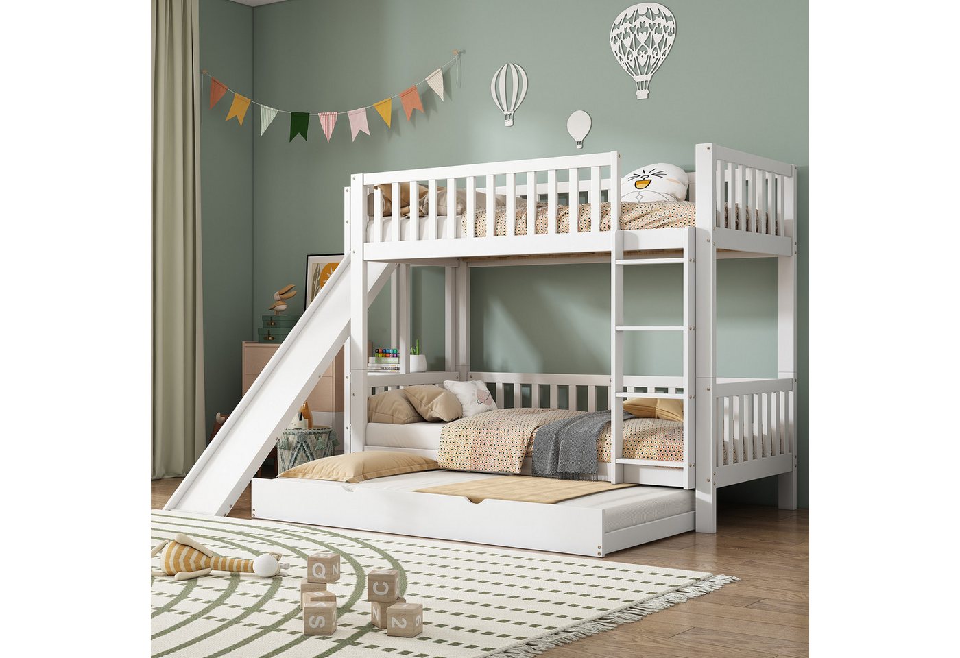 WISHDOR Etagenbett Holzbett Kinderbett mit Rollbett, mit Fallschutzgitter ( günstig online kaufen