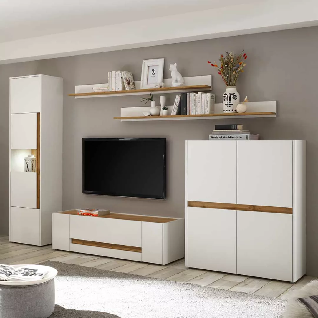 Design Wohnwand in Weiß und Wildeichefarben 2 Regalen (fünfteilig) günstig online kaufen