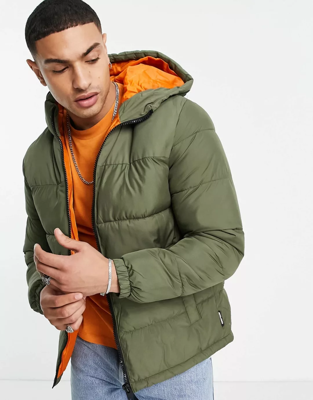 Jack & Jones – Originals – Wattierte Jacke mit Kapuze in Khaki-Grün günstig online kaufen