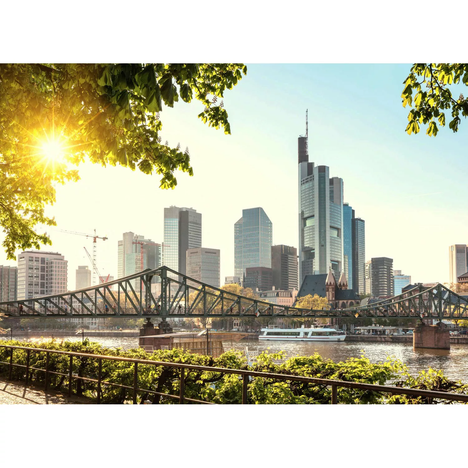 Fototapete Frankfurt Skyline Brücke Blau Braun Graun 3,50 m x 2,55 m FSC® günstig online kaufen