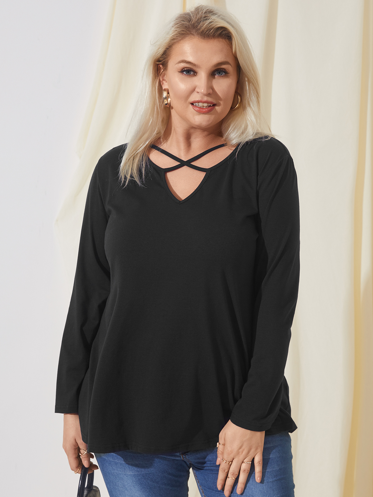 YOINS Plus Größe V-Ausschnitt Criss-cross Long Sleeves T-Shirt günstig online kaufen