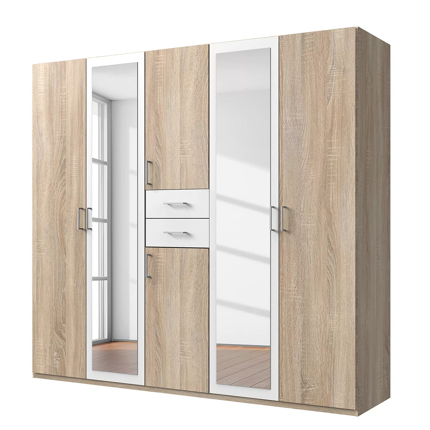 Drehtürenschrank mit Spiegel und Schubladen 225 cm breit Eiche Sägerau / We günstig online kaufen