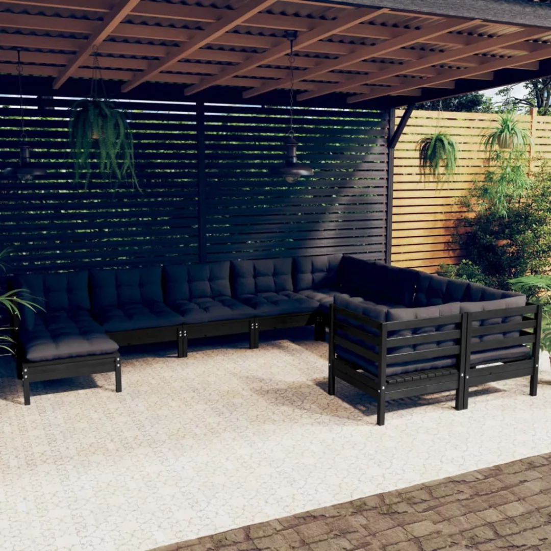 10-tlg. Garten-lounge-set Mit Kissen Schwarz Kiefernholz günstig online kaufen