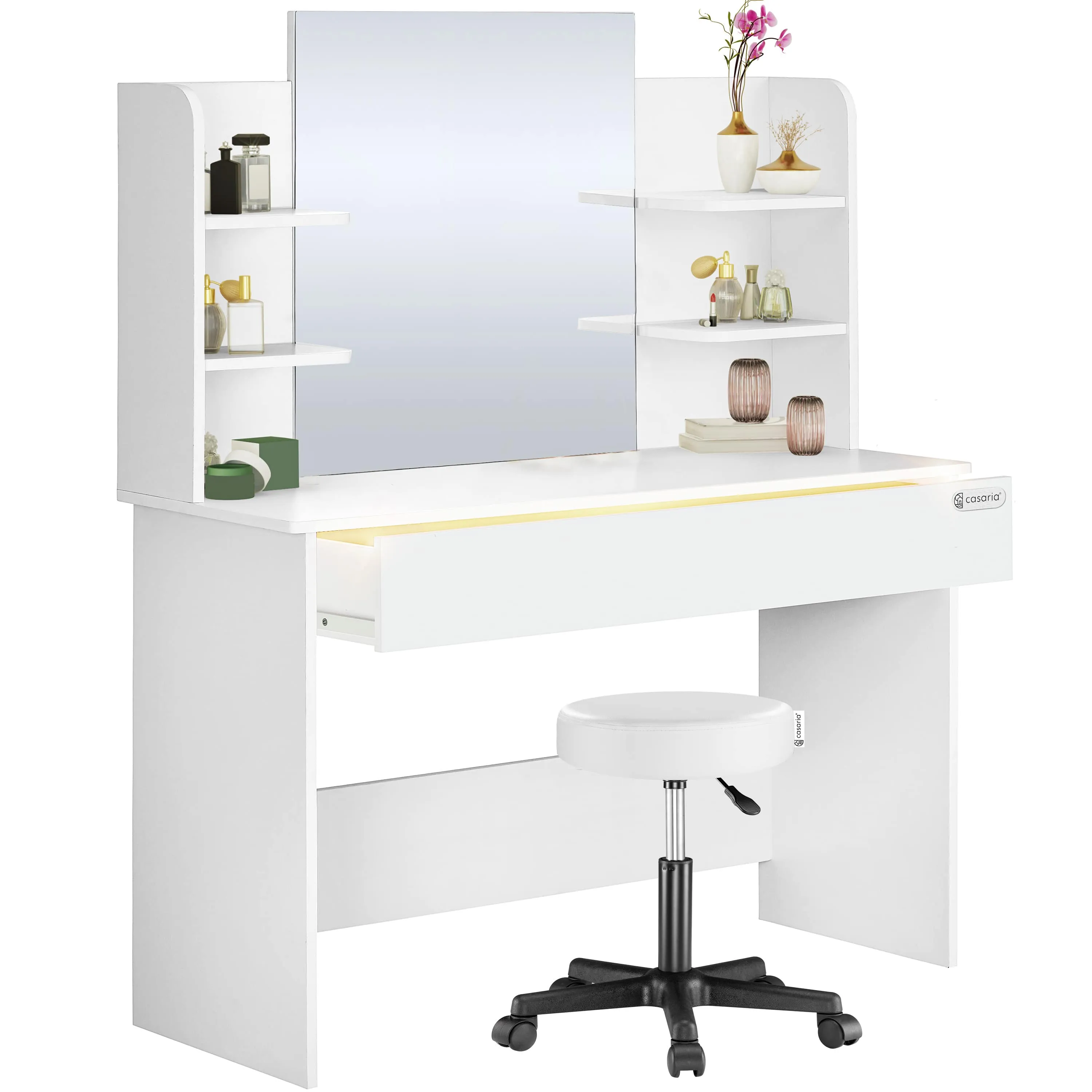 Schminktisch Lucia Weiß 140x110x40cm mit Rollhocker günstig online kaufen