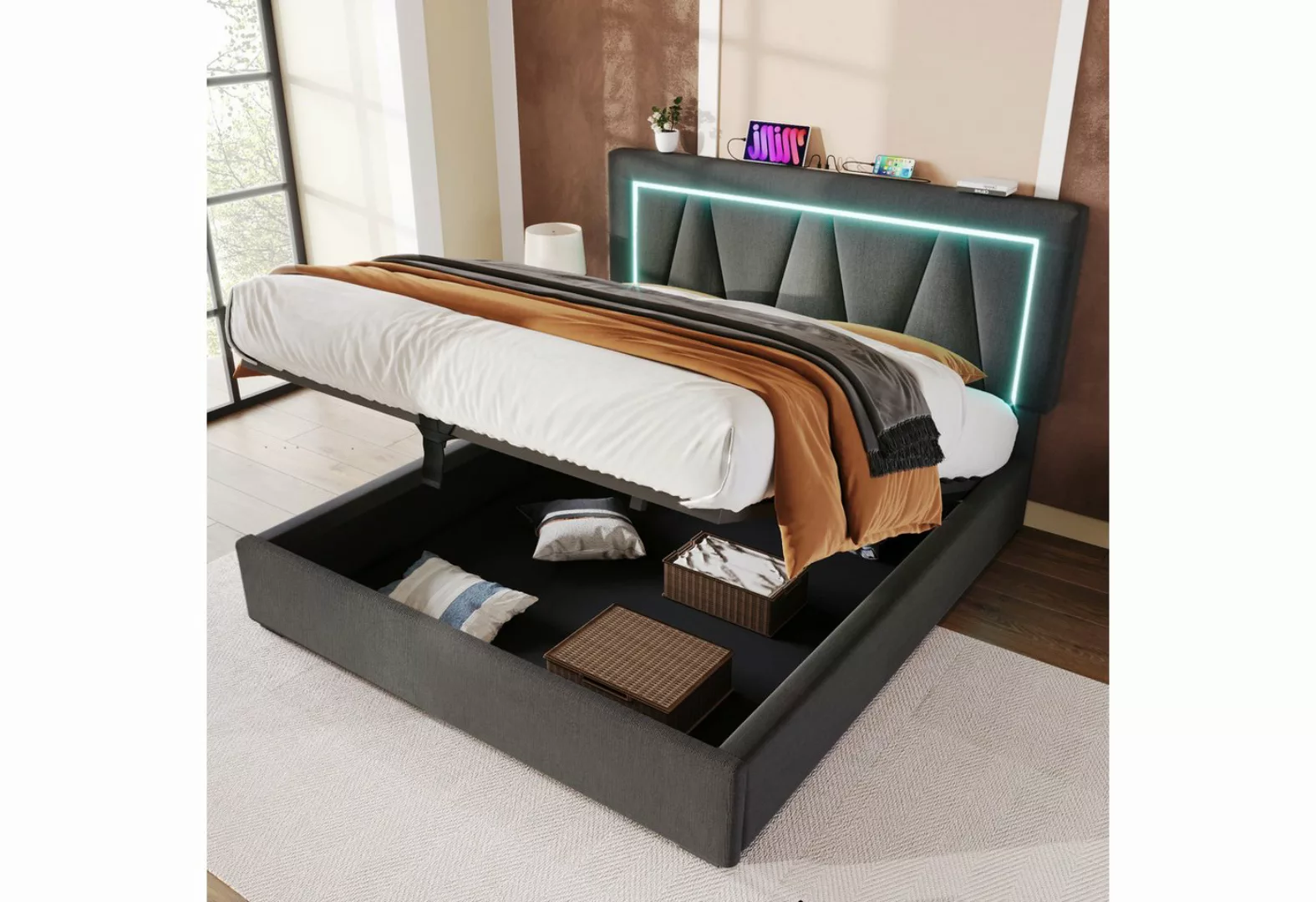 MODFU Polsterbett Doppelbett (140 x 200 cm Ohne Matratze), LED Doppelbett + günstig online kaufen