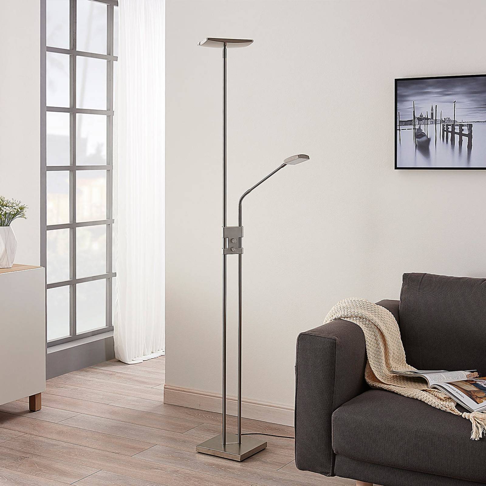 LED-Deckenfluter Jonne mit Lesearm, dimmbar, eckig günstig online kaufen