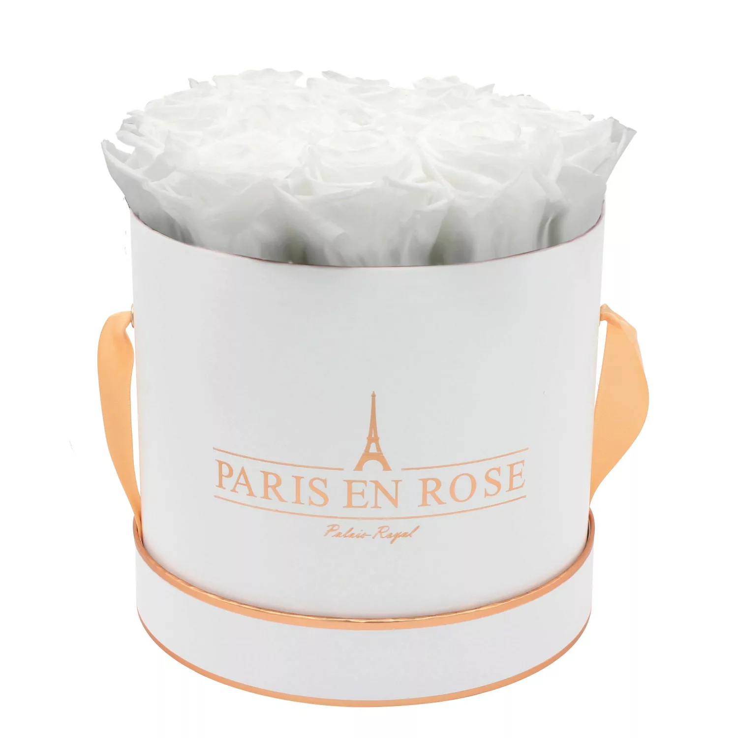 Rosenbox Ø 19 cm Weiß-Roségold mit 14 Weißen Rosen günstig online kaufen