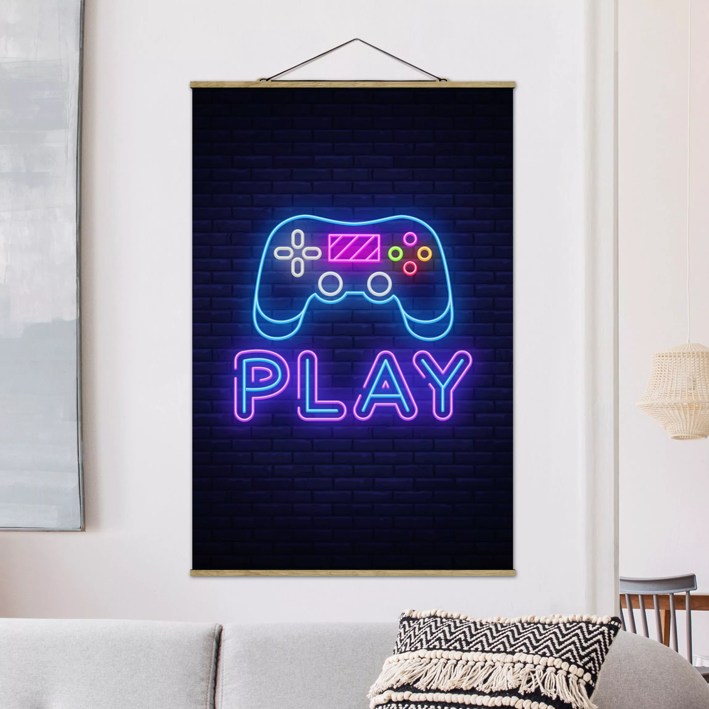 Stoffbild mit Posterleisten Neon Gaming Controller günstig online kaufen