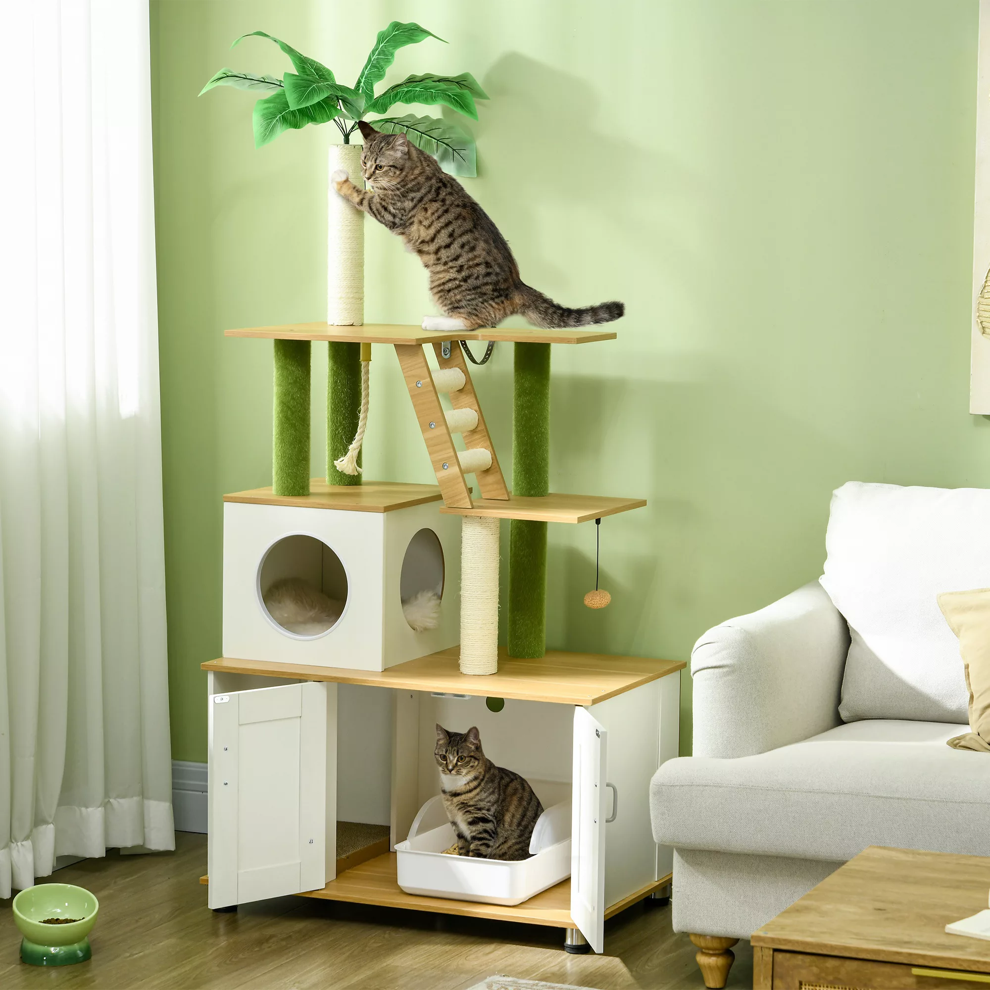 PawHut Kratzbaum Katzenklo-Schrank 2in1 160cm Katzenhaus Treppe Kratzstamm günstig online kaufen