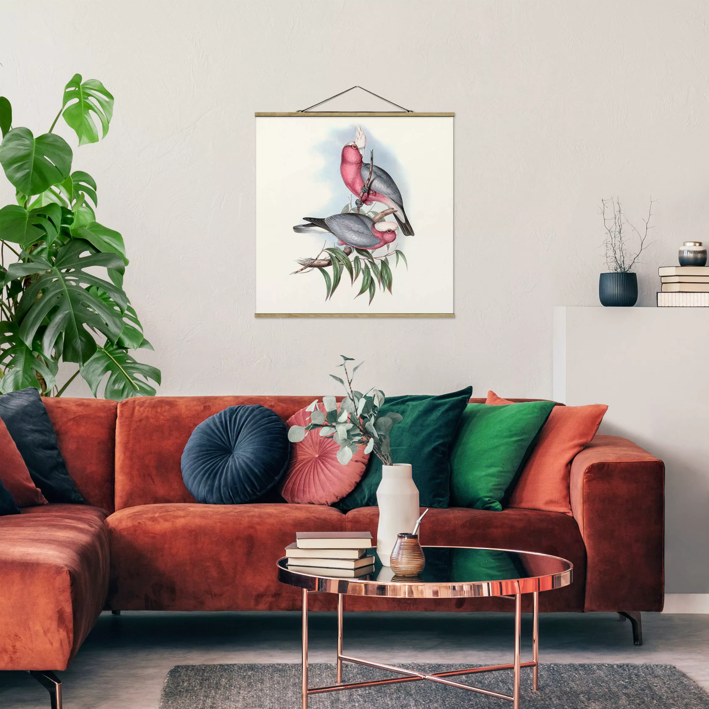 Stoffbild Tiere mit Posterleisten - Quadrat Pastell Papageien II günstig online kaufen