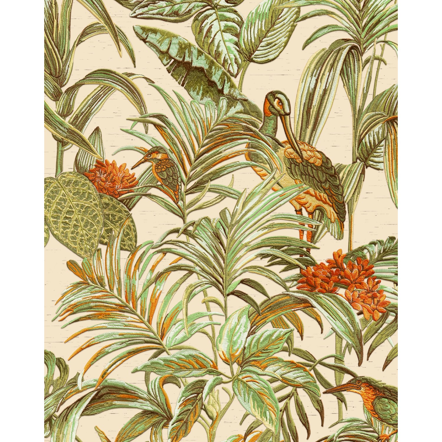 PROFHOME DE120013-DI Vogel Tapete Vogelmuster glänzend Creme Grün Orange 0, günstig online kaufen