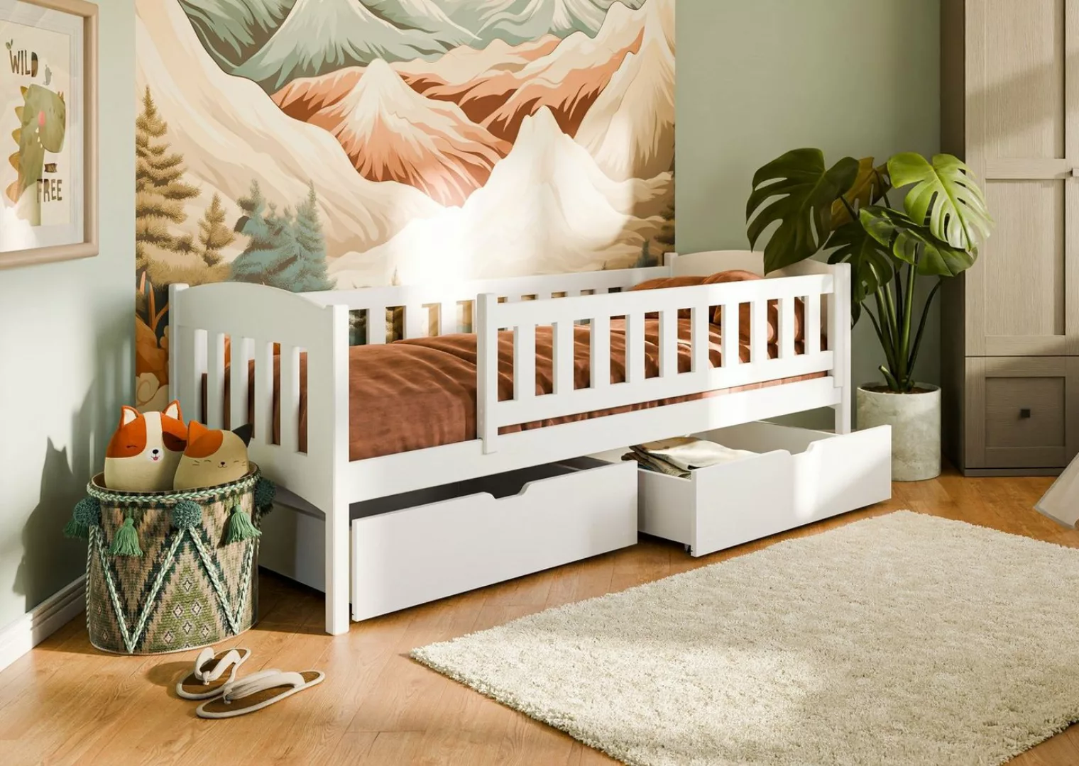 Deine Möbel 24 Kinderbett Einzelbett GUSTAV 90x200 cm in Weiß / Grau aus Ma günstig online kaufen
