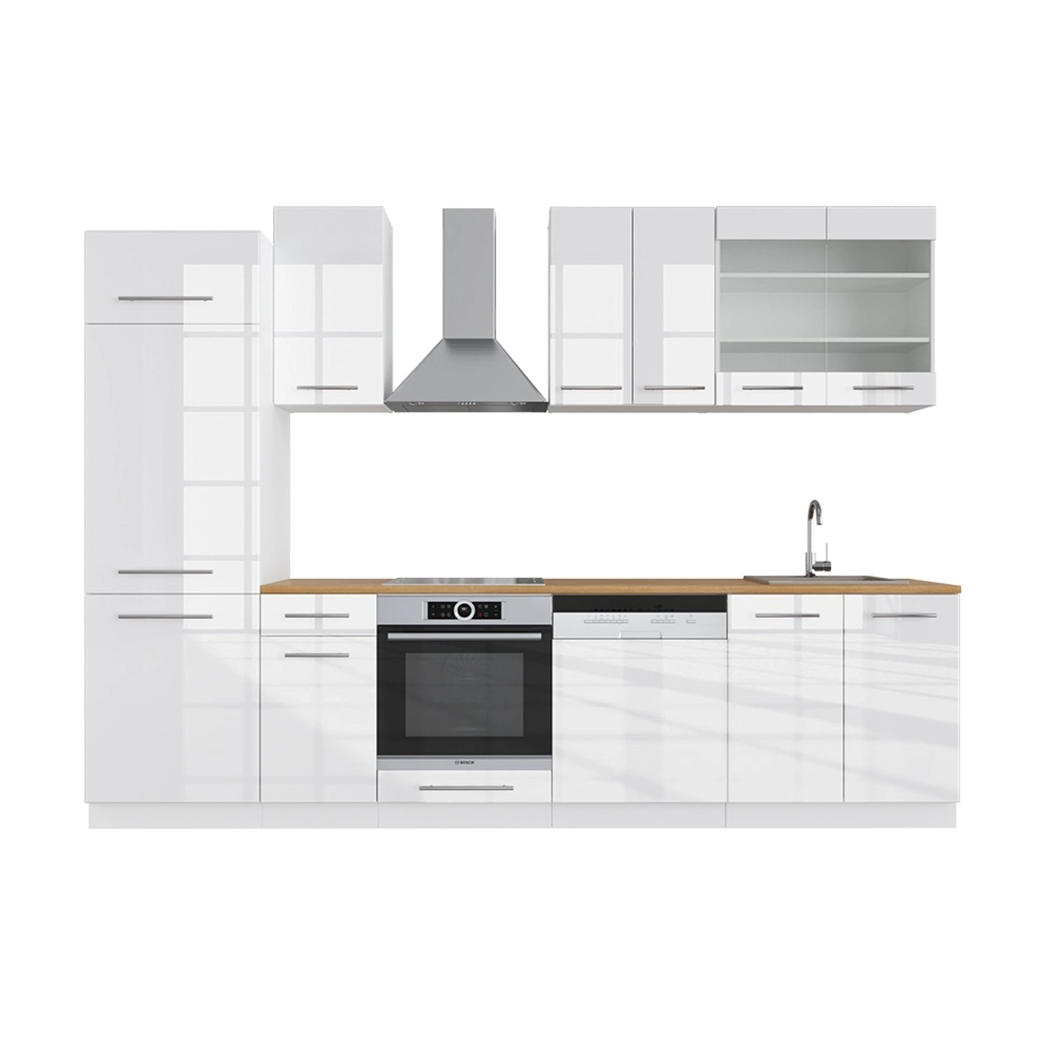 Vicco Fame-Line Küchenzeile Weiß Hochglanz/Weiß 300 cm AP Eiche günstig online kaufen