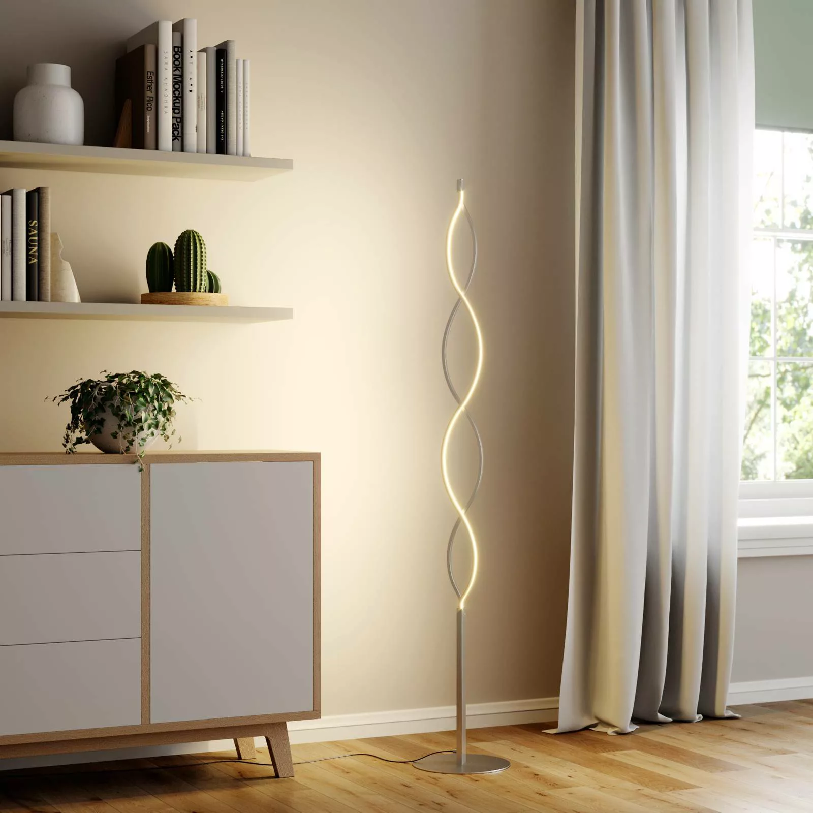 Lindby LED-Stehlampe Auron, nickelfarben, Metall, Tastdimmer günstig online kaufen