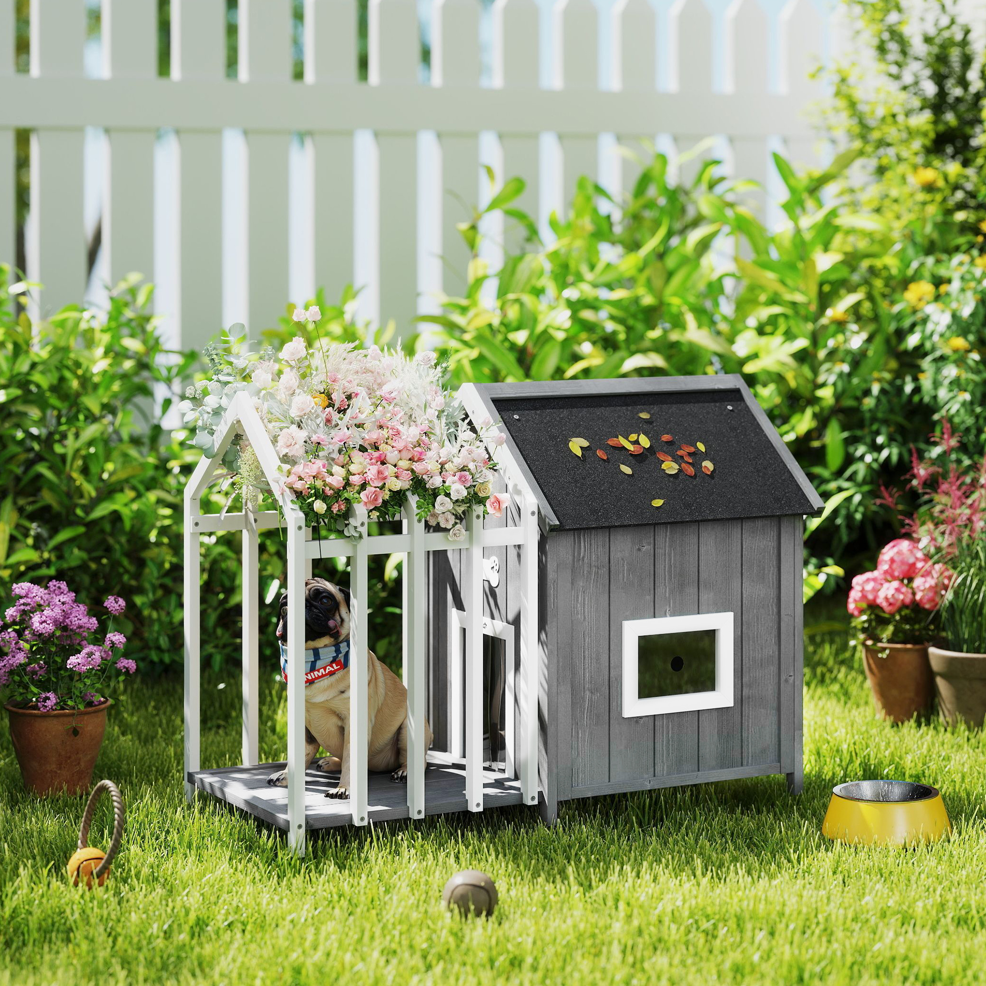 PawHut Hundehütte für den Außenbereich aus Holz mit Terrasse, Zaun, Lamelle günstig online kaufen