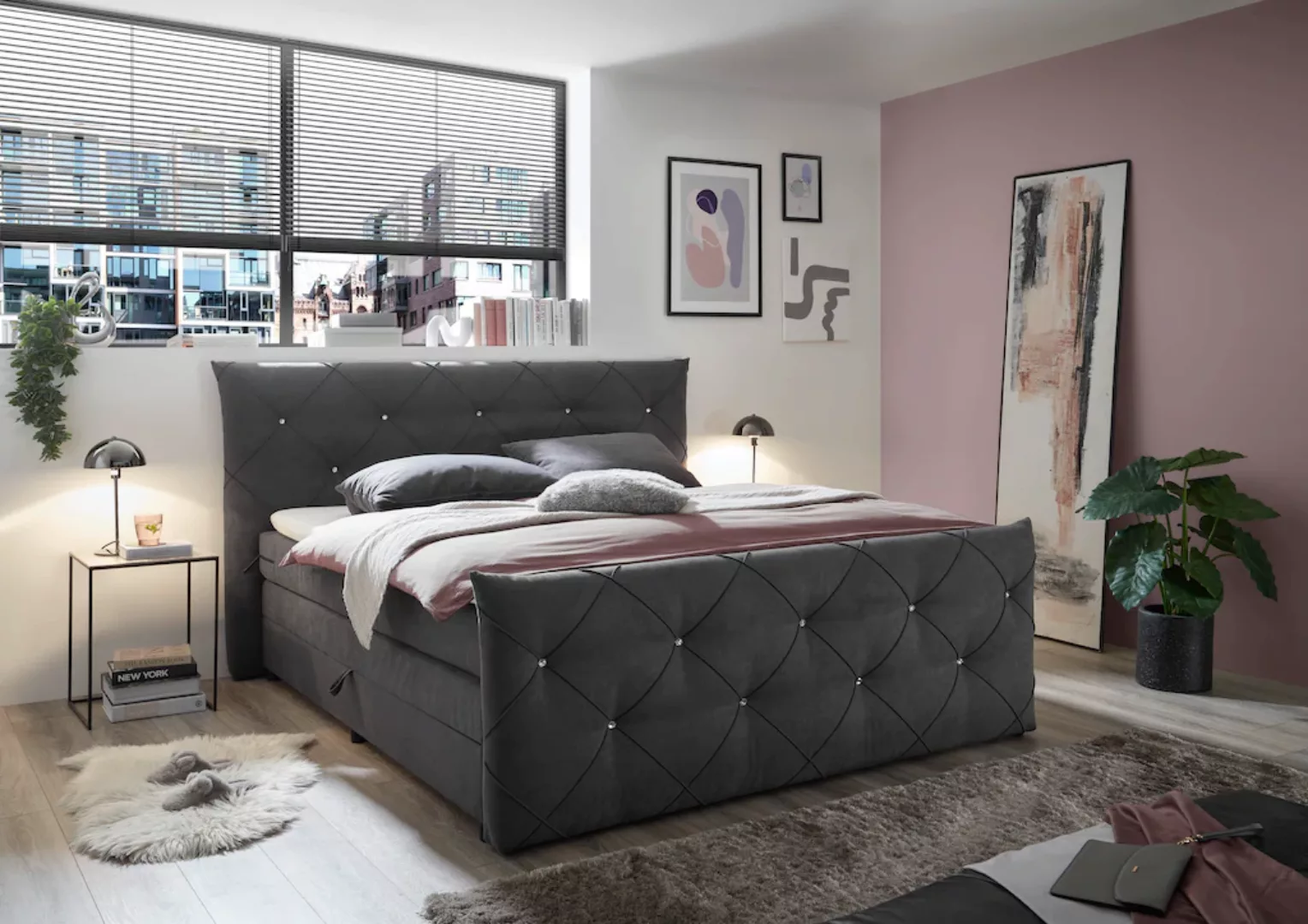 ED EXCITING DESIGN Boxspringbett "Villano", mit Strasssteinen, Breite: 180c günstig online kaufen