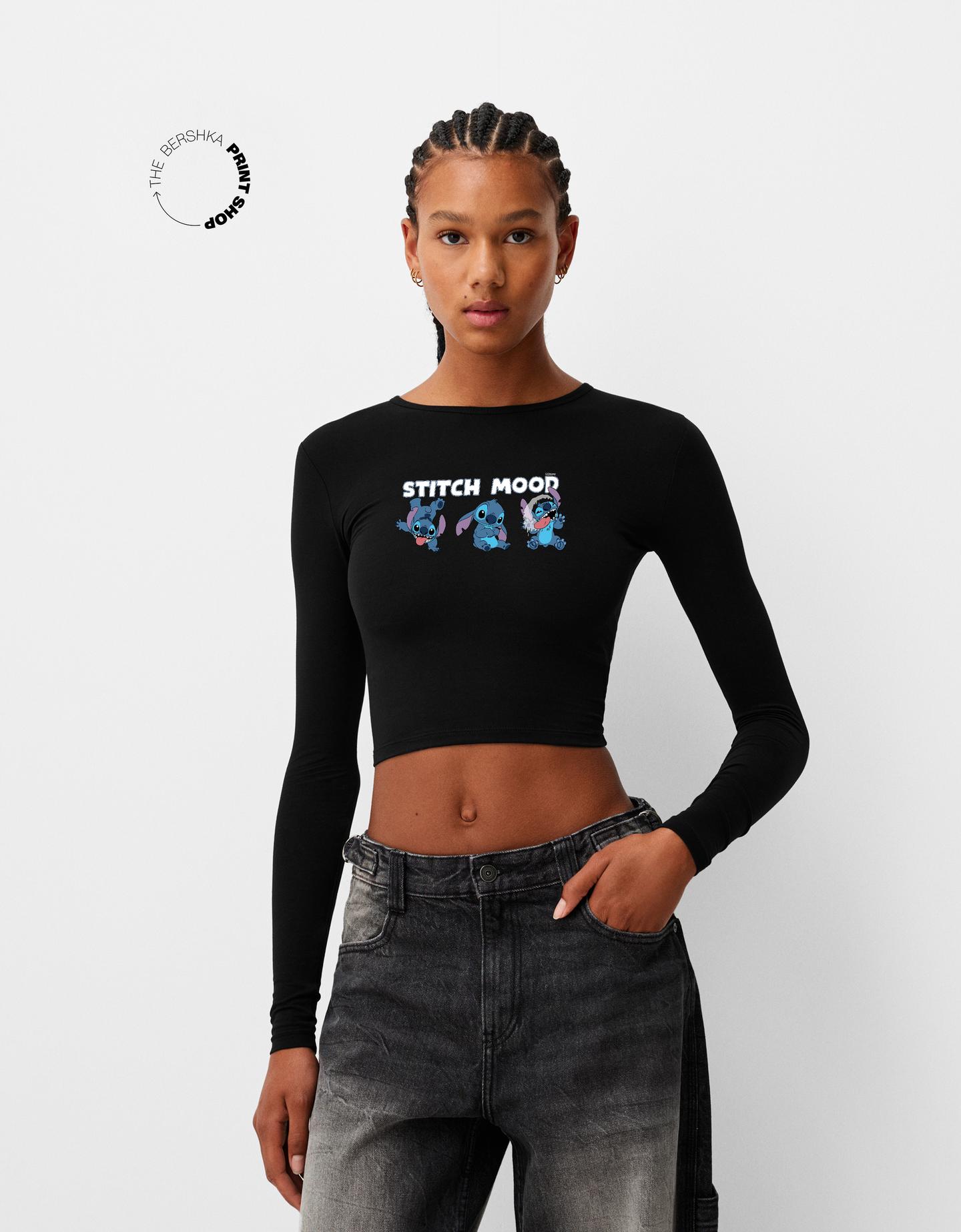 Bershka Langarmshirt Lilo & Stitch Damen Xs Schwarz günstig online kaufen