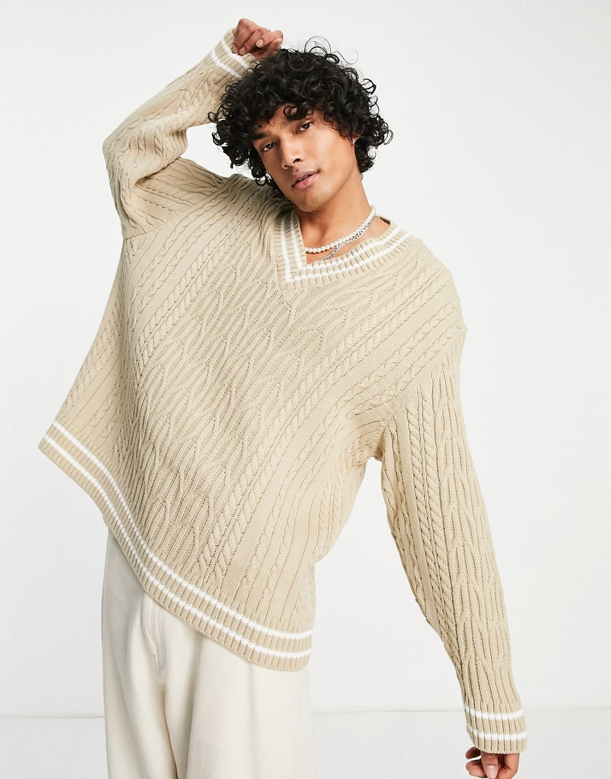 ASOS DESIGN – Cricket-Pullover mit Zopfmuster in Hafer-Neutral günstig online kaufen