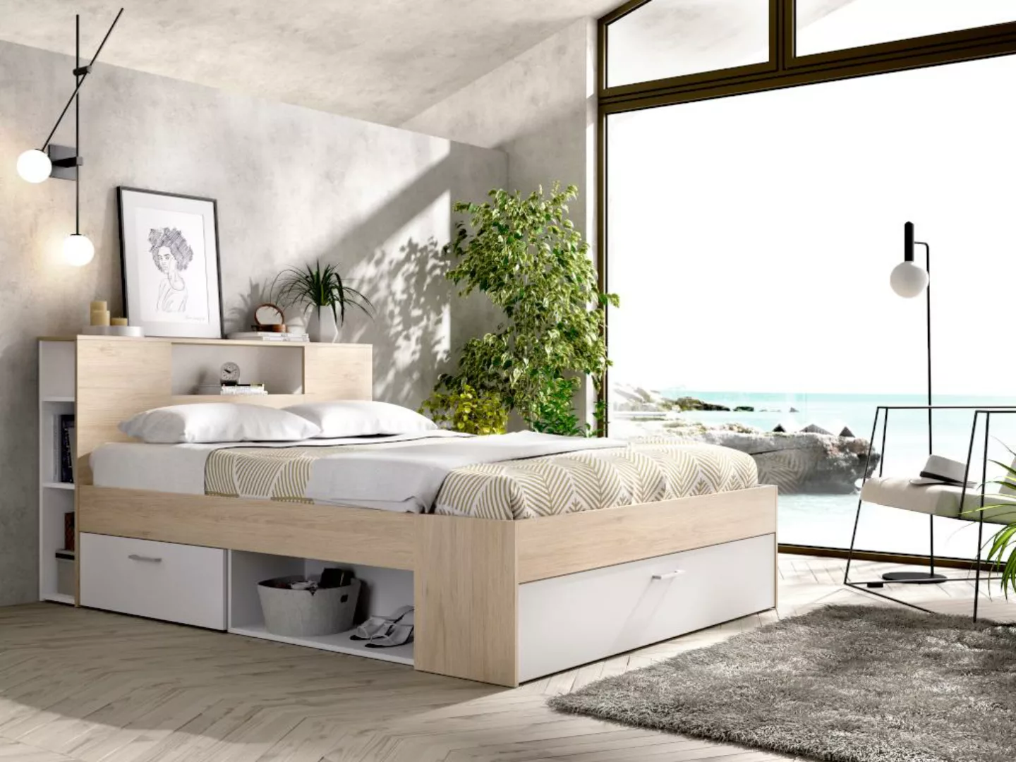 Bett mit Stauraum & Schubladen - 140 x 190 cm - Weiß & Naturfarben - LEANDR günstig online kaufen