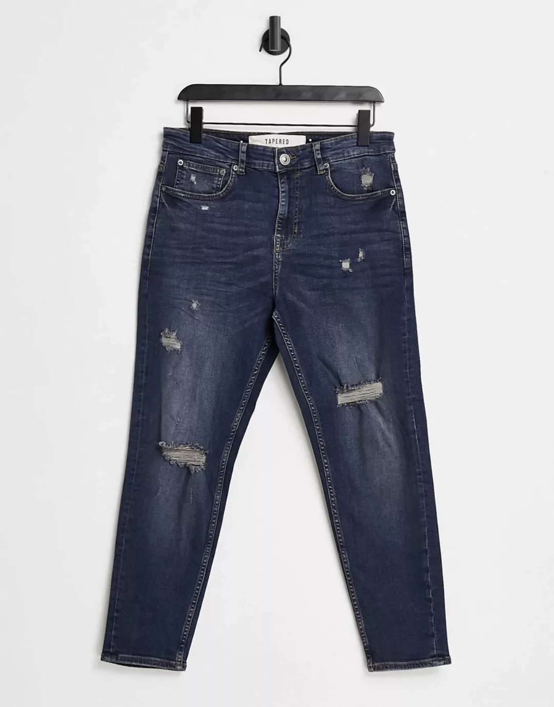 New Look – Jeans in Dunkelblau mit Karottenschnitt und Zierrissen günstig online kaufen