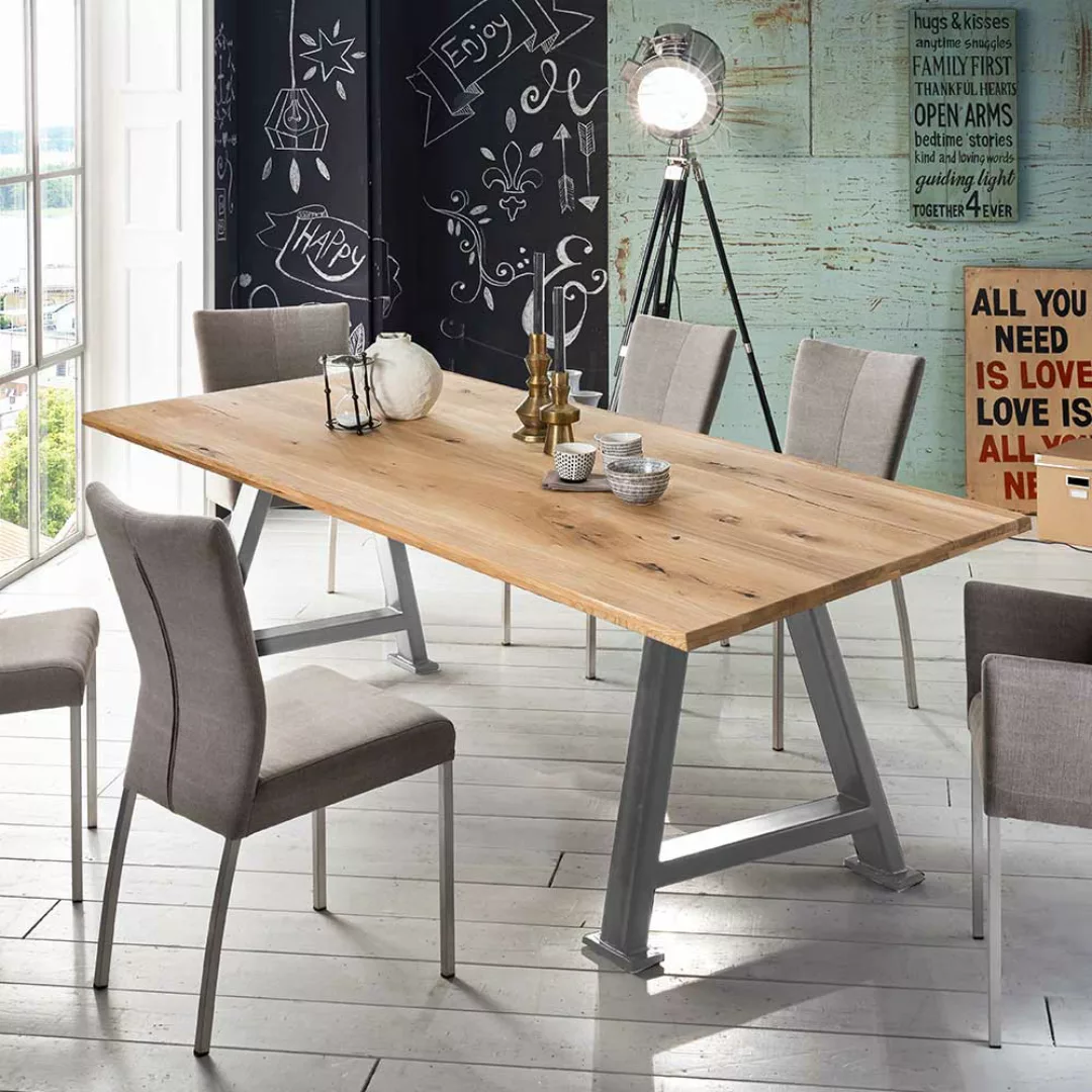 Tisch Massivholz Wildeiche in modernem Design A Fußgestell aus Metall günstig online kaufen
