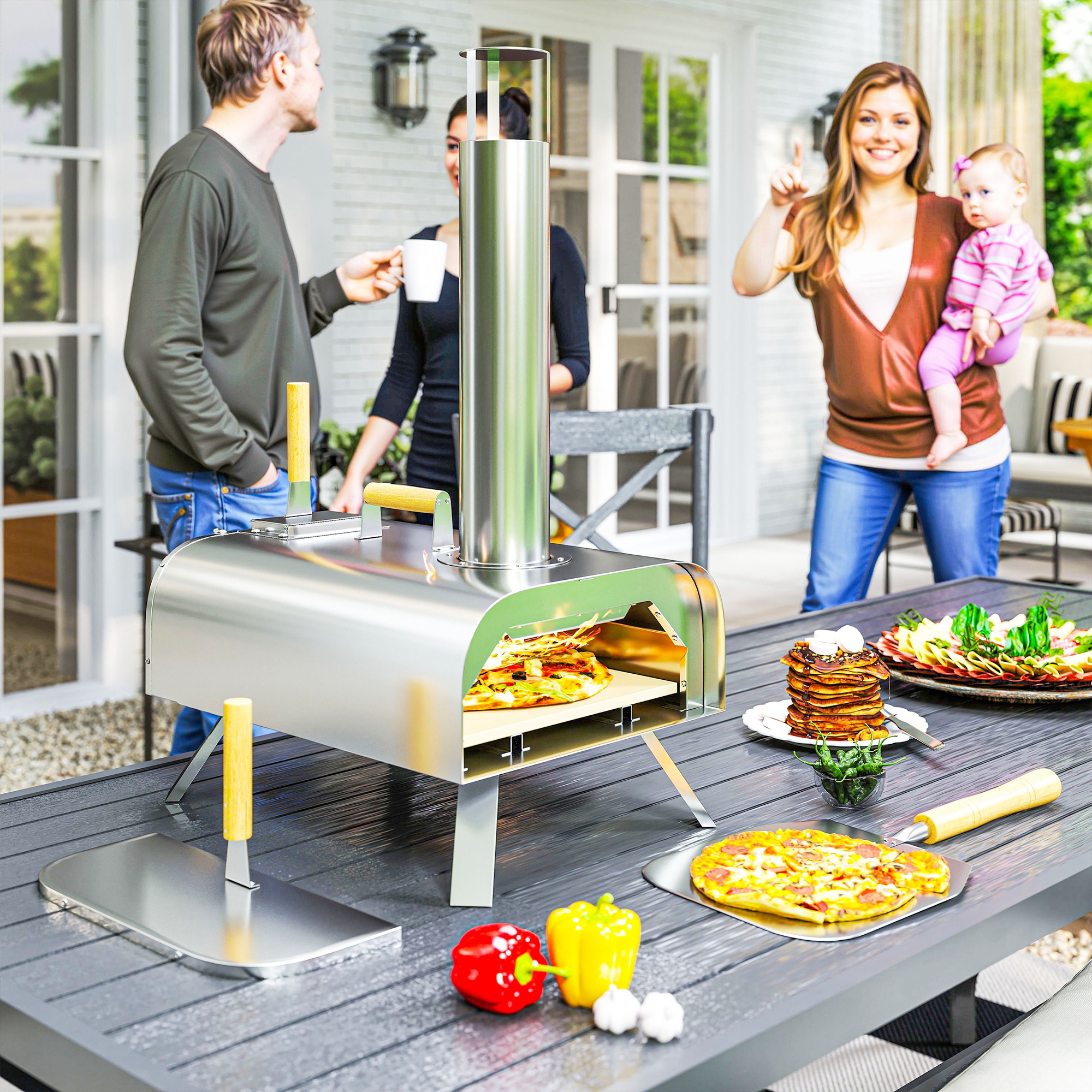 Outsunny Outdoor Pizzaofen Holzbefeuerter Pizza Ofen aus Edelstahl, Backofe günstig online kaufen