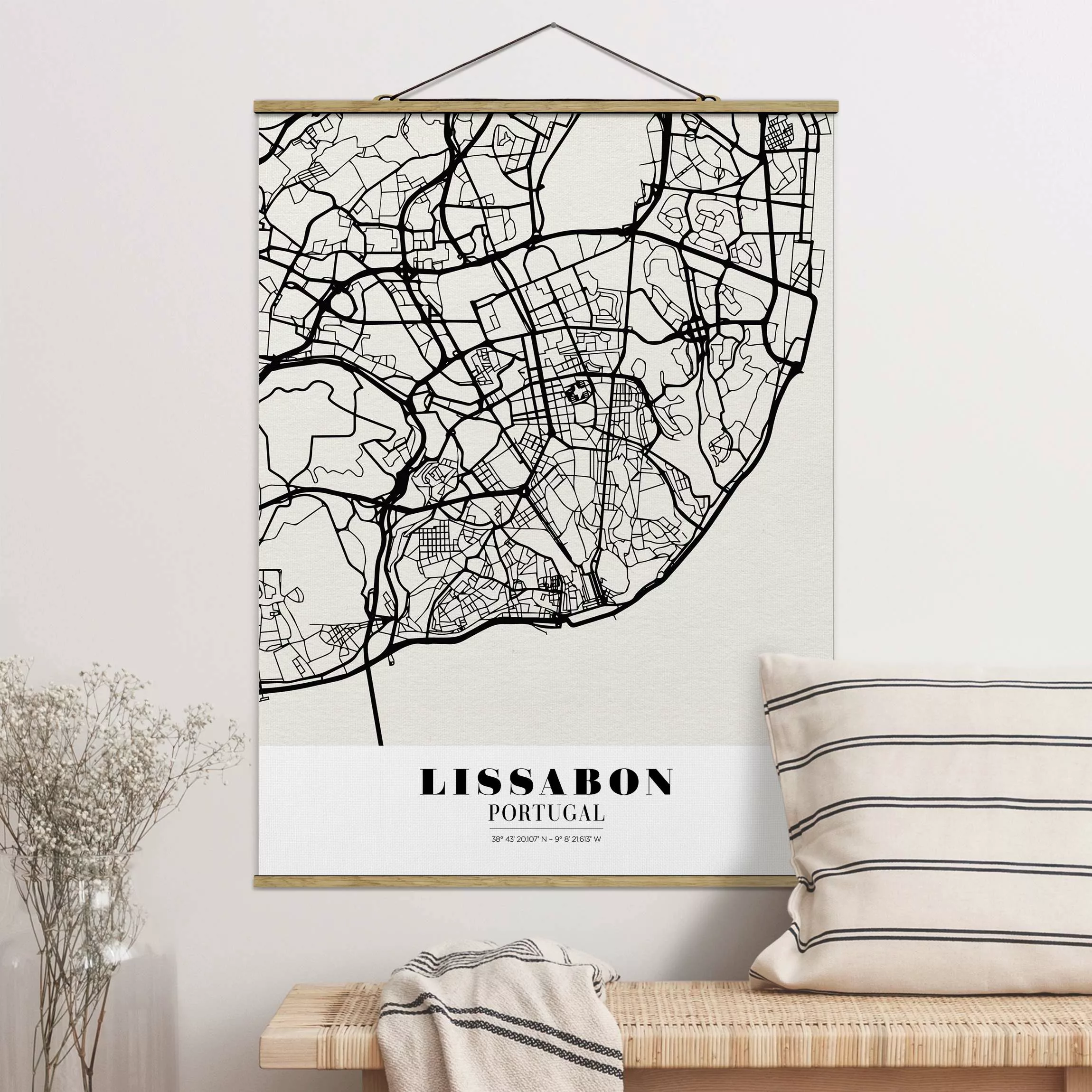 Stoffbild Karten mit Posterleisten - Hochformat Stadtplan Lissabon - Klassi günstig online kaufen