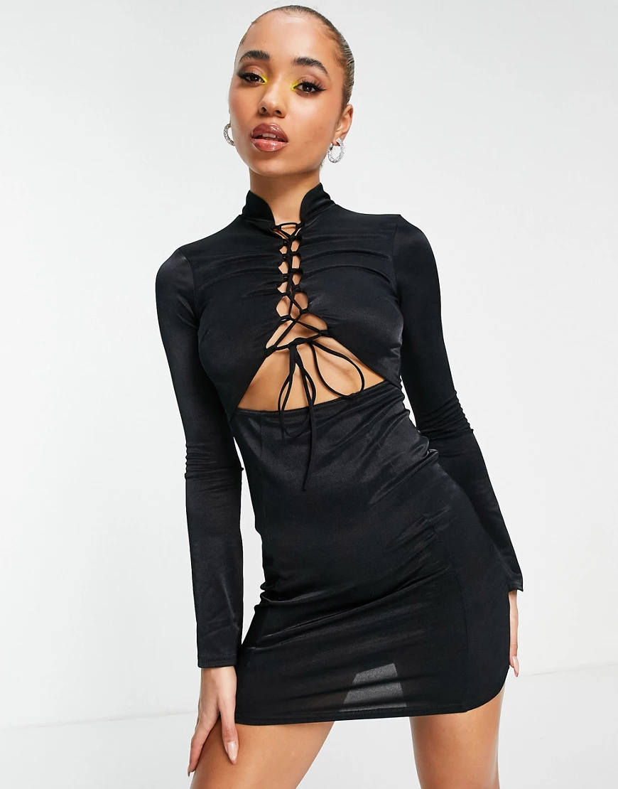 ASOS DESIGN – Langärmliges Minikleid in Schwarz mit Schnürdesign vorne günstig online kaufen