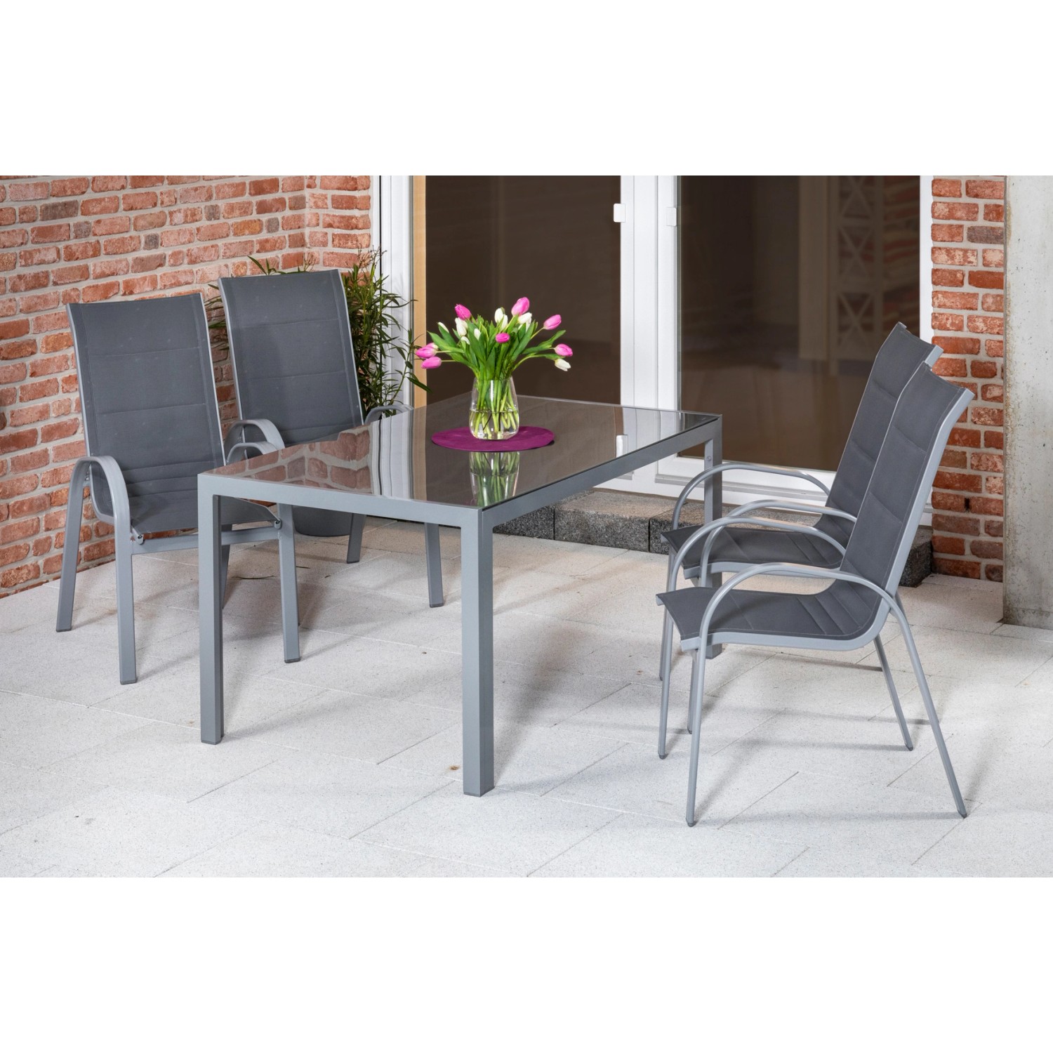 Merxx Amalfi Set 5 -tlg. 4 Stapelsessel Gartentisch 150 x 90 cm Silber-Grau günstig online kaufen