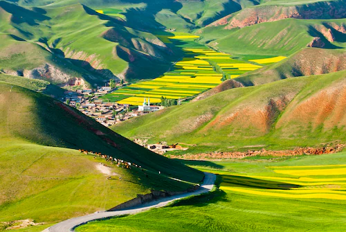 Papermoon Fototapete »GEBIRGE-TAL STADT BUNT BERGE LANDSCHAFT VIEH GRÜN WOL günstig online kaufen