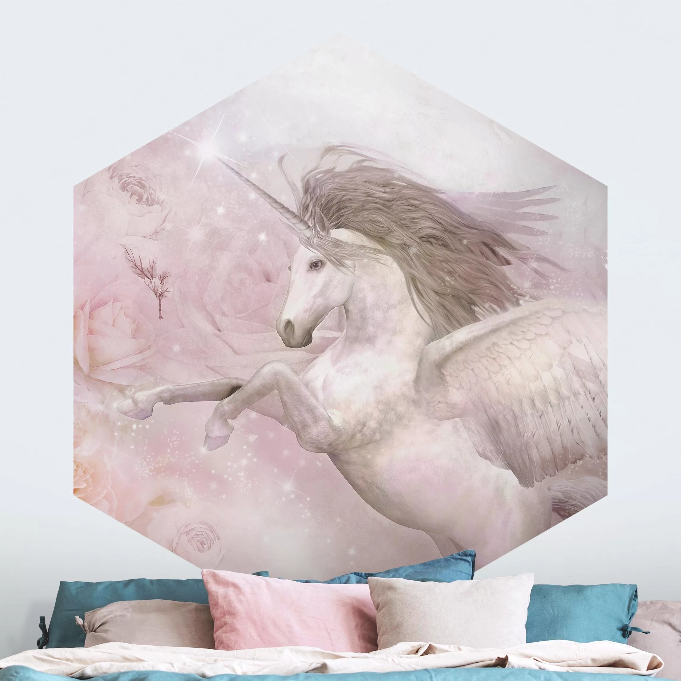 Hexagon Mustertapete selbstklebend Pegasus Einhorn mit Rosen günstig online kaufen