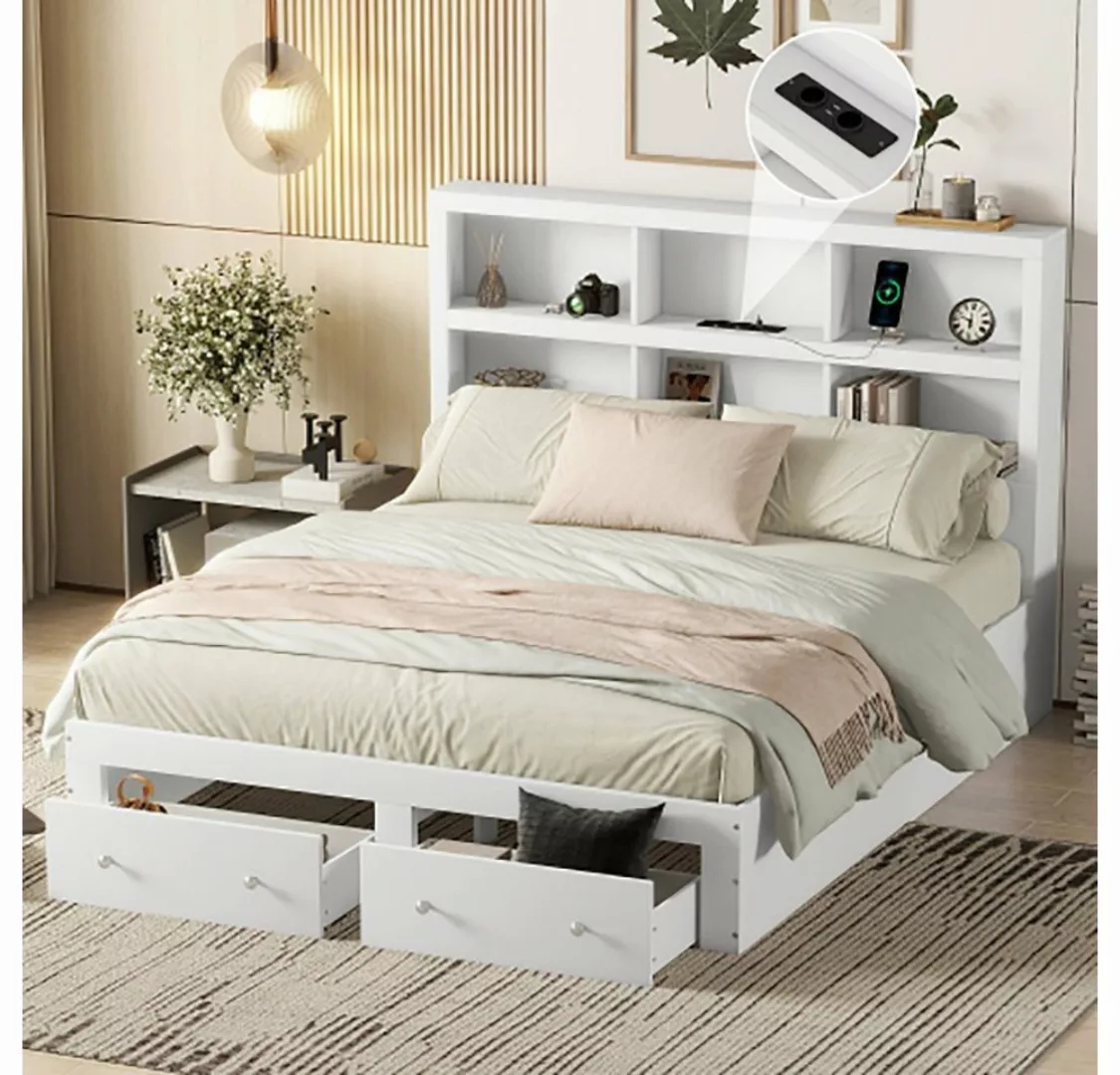 Sweiko Holzbett, 160*200cm Doppelbett mit 6 Staufächern, USB-Steckdose und günstig online kaufen