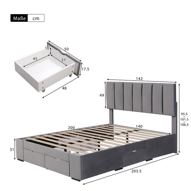 Flieks Polsterbett, Doppelbett Holzbett mit 4 Schubladen Samt 140x200cm günstig online kaufen