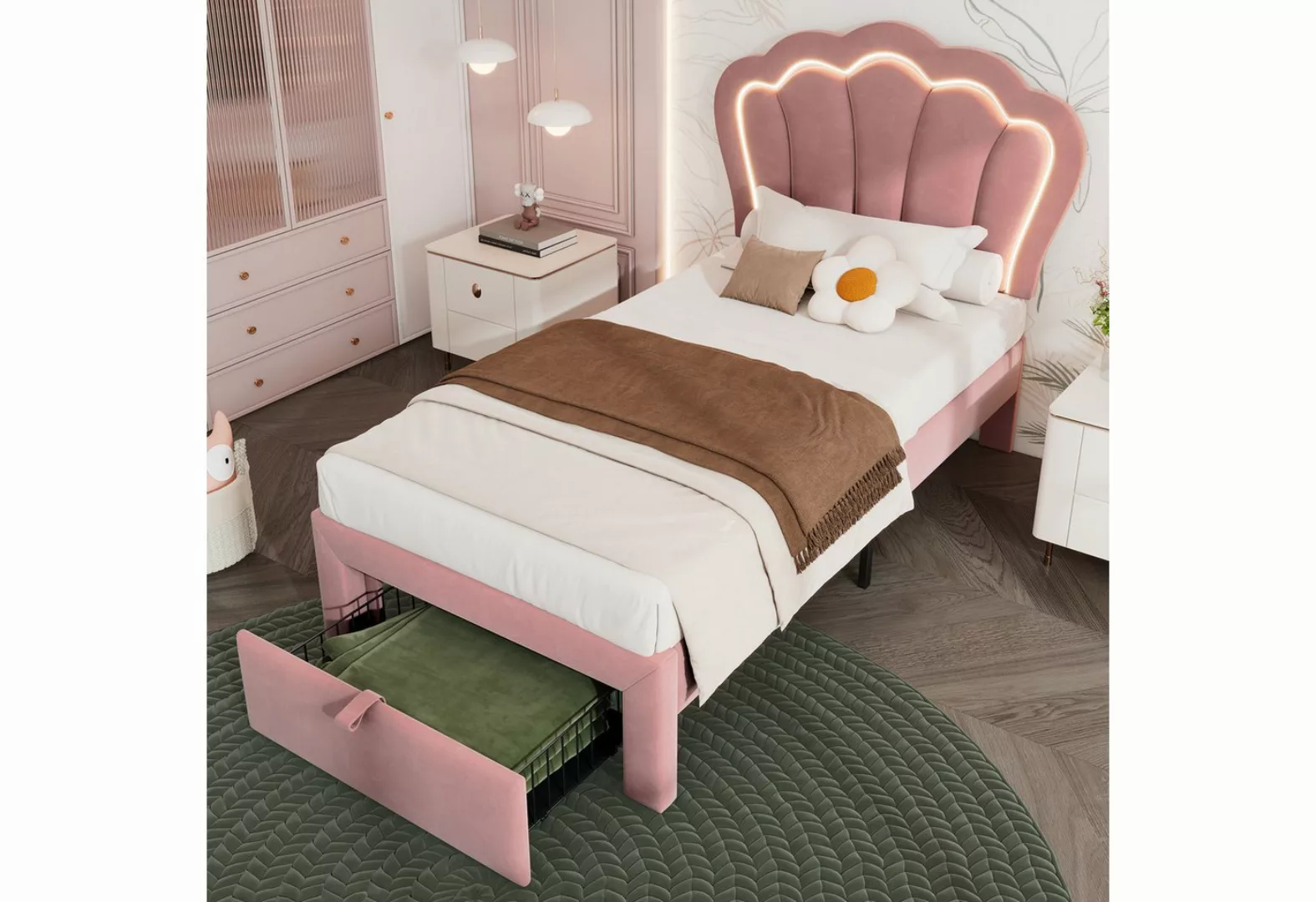 Rutaqian Polsterbett Jugendbett Kinderbett LED Einzelbett mit Schubladen, 9 günstig online kaufen