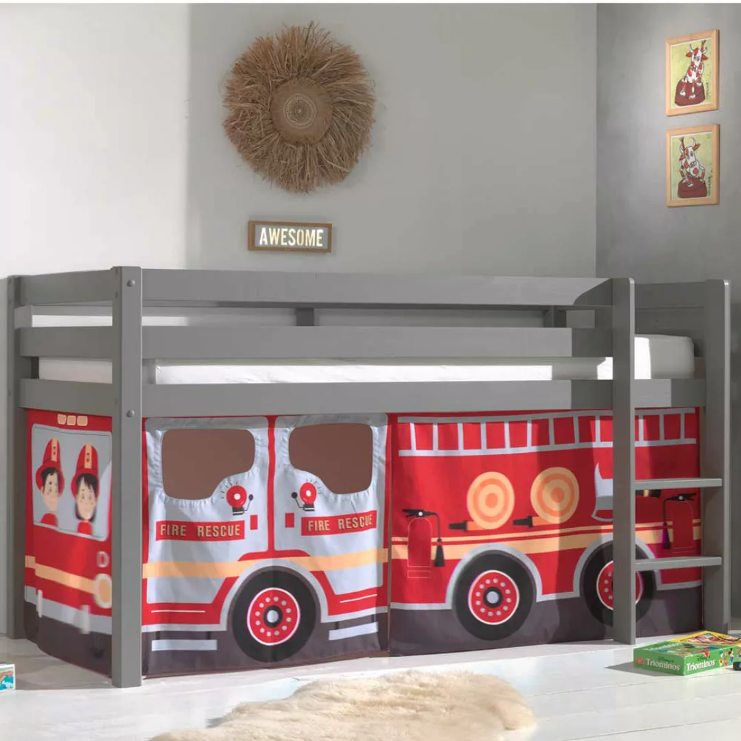 Kinder Hochbett aus Kiefer Massivholz Grau mit Feuerwehr Vorhang günstig online kaufen