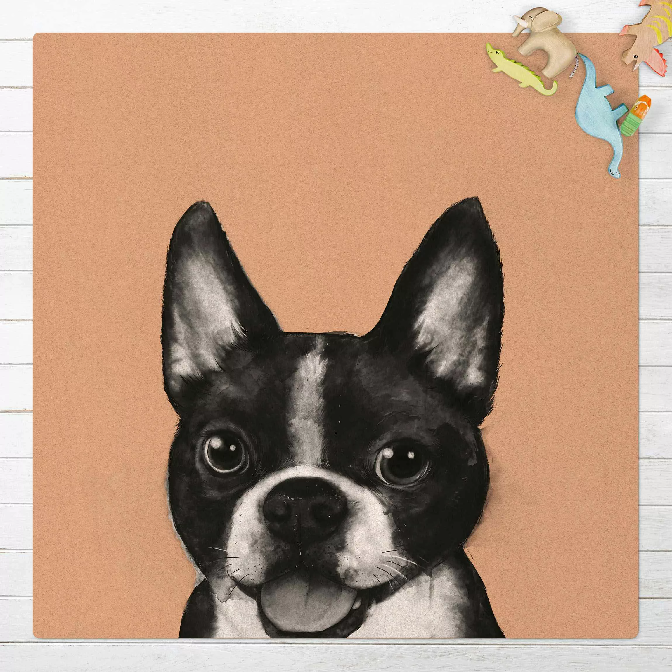 Kork-Teppich Illustration Hund Boston Schwarz Weiß Malerei günstig online kaufen
