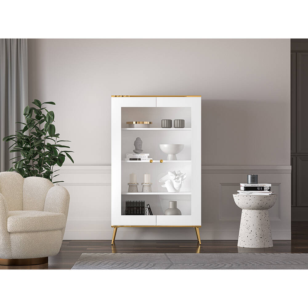 Lomadox Vitrine VLORA-131 Highboard mit Glasfront, weiß mit goldfarbigen Gr günstig online kaufen