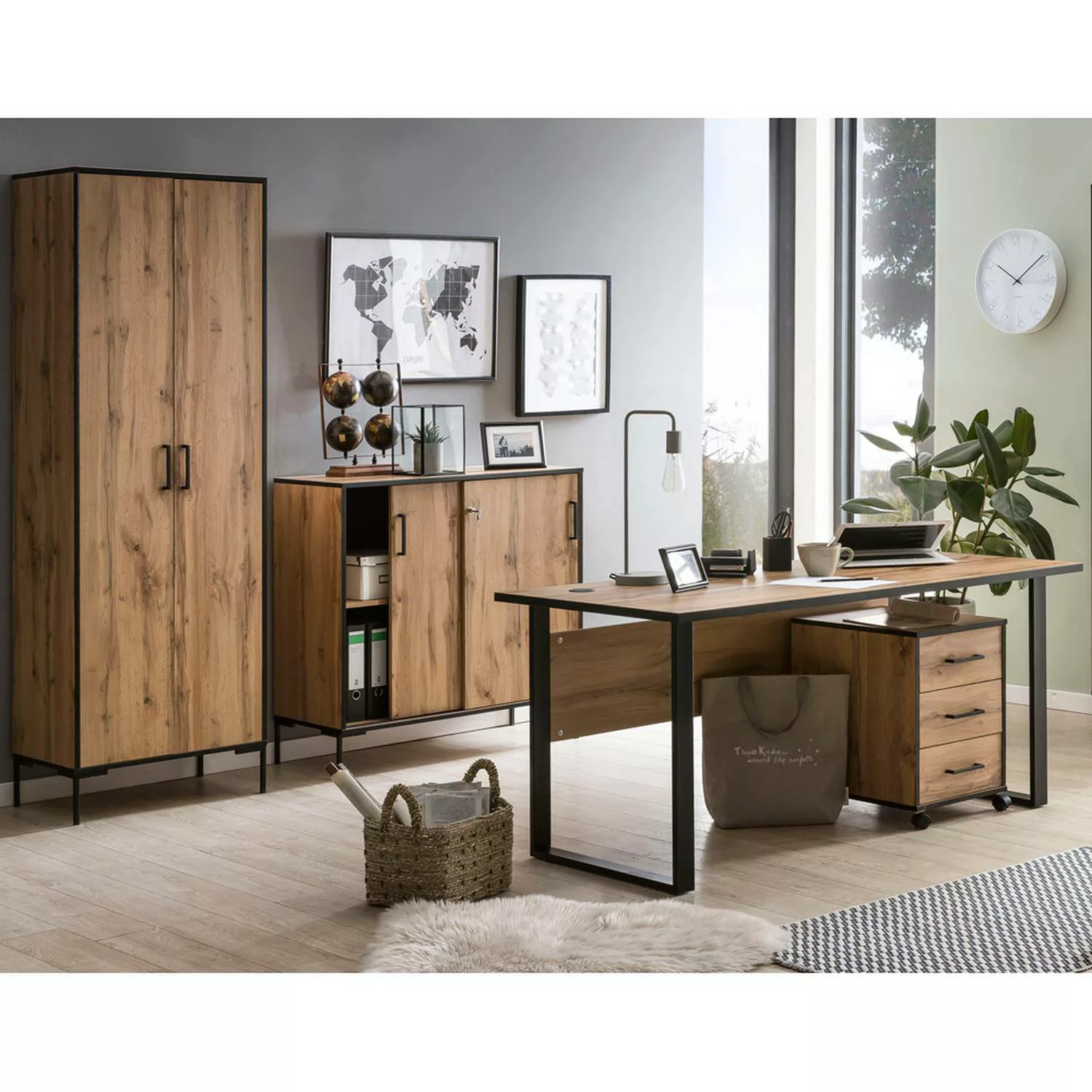 Arbeitszimmer Komplett Set FALUN-80 in Eiche Landhaus Nb., B/H/T: ca. 180,3 günstig online kaufen