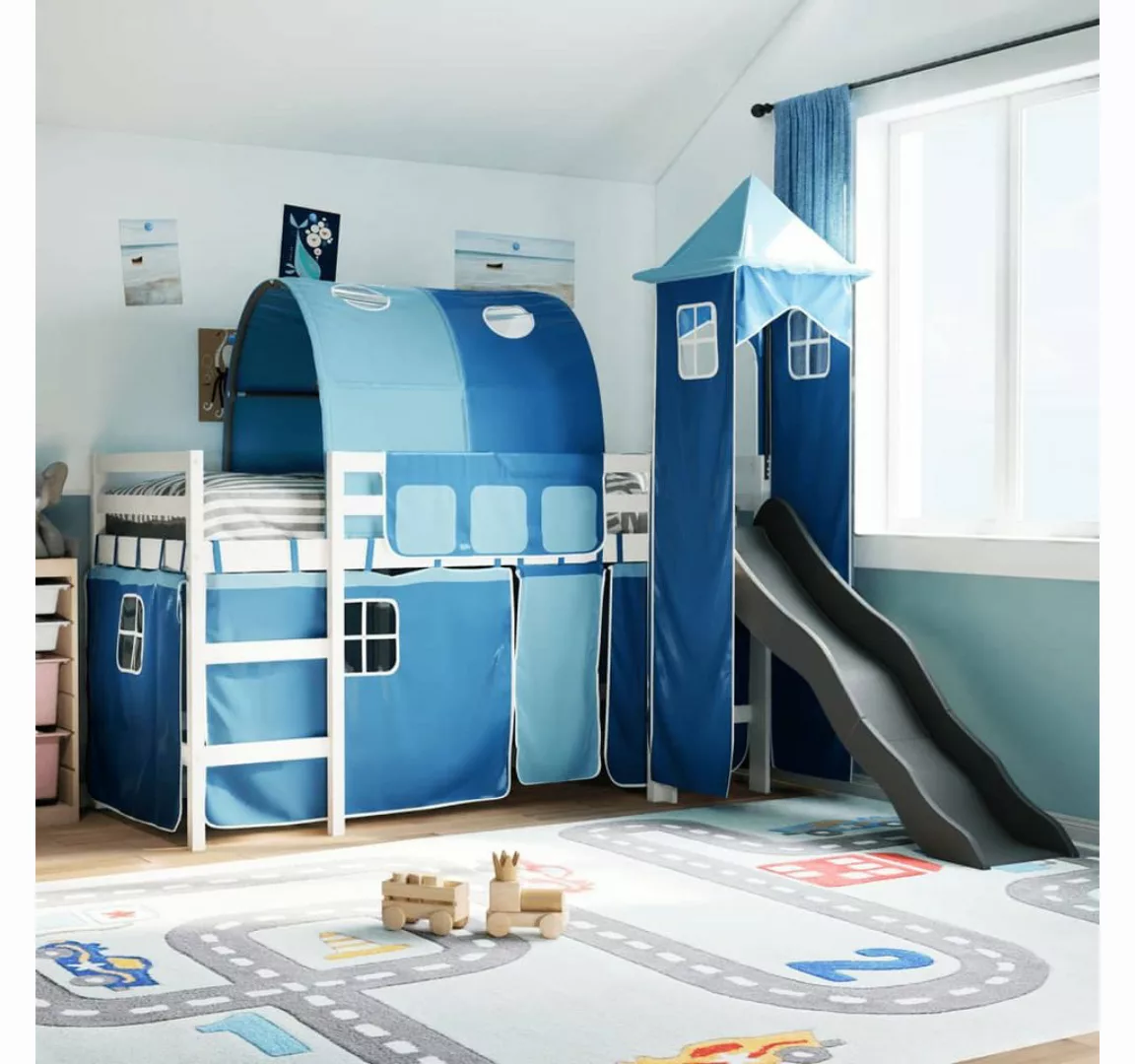 vidaXL Bett, Kinderhochbett mit Turm Blau 90x200 cm Massivholz Kiefer günstig online kaufen