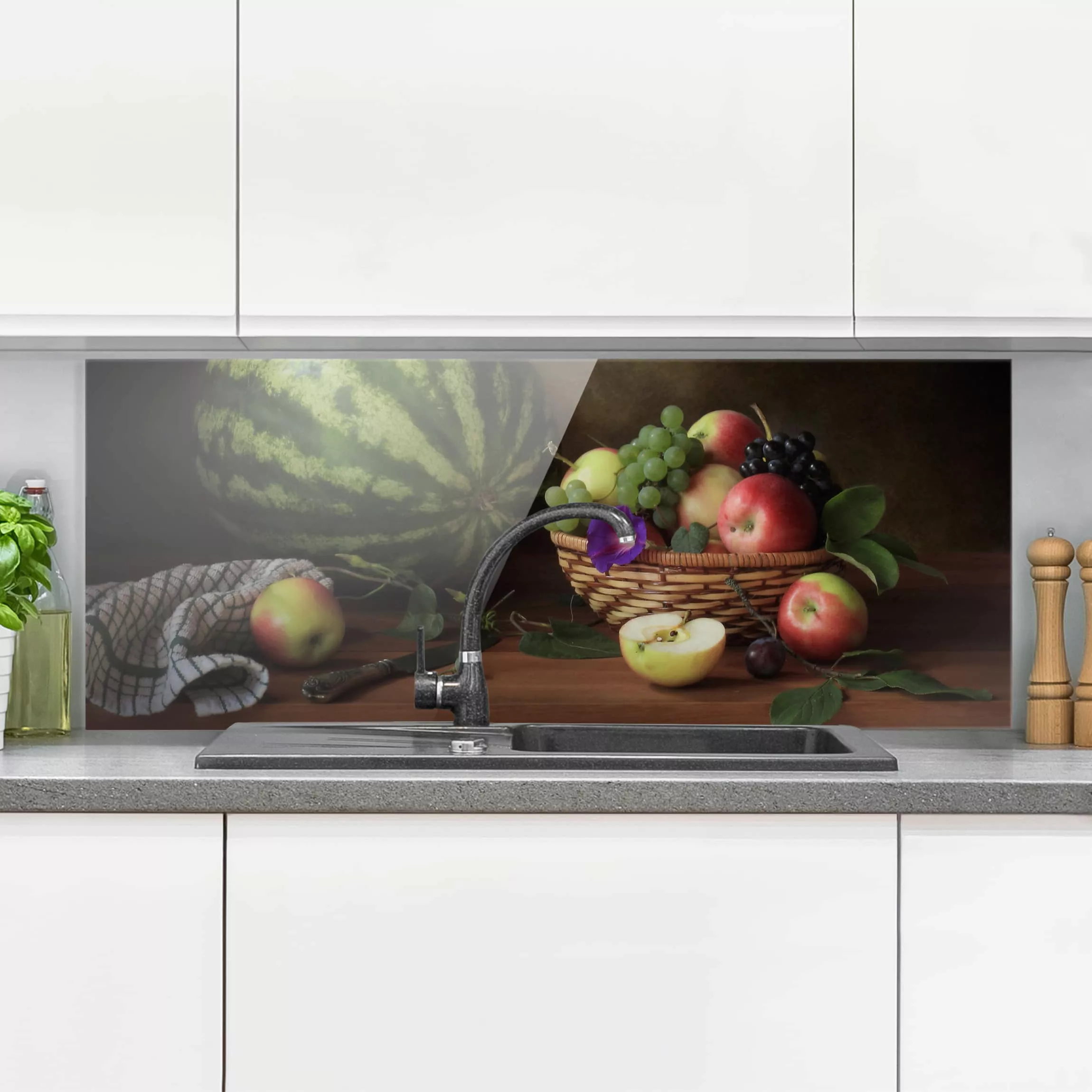 Glas Spritzschutz Gemüse & Obst - Panorama Stillleben mit Melone günstig online kaufen