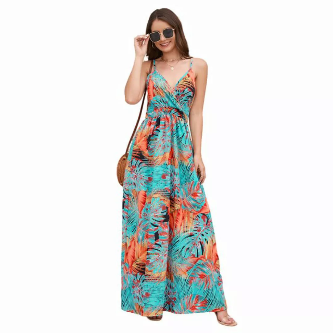 Mayou Sommerkleid Damen Blumendruck Ärmellos V-Ausschnitt Boho Strandkleid günstig online kaufen