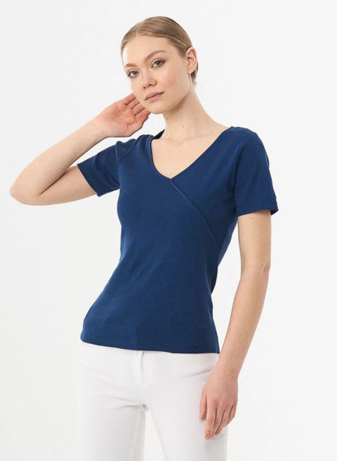 Geripptes T-shirt Aus Bio-baumwolle Mit V-ausschnitt günstig online kaufen