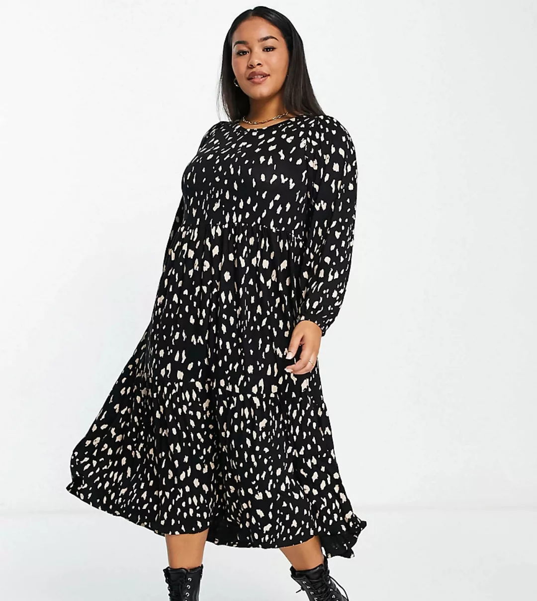 Yours – Midaxi-Kleid in Schwarz und Weiß mit Ballonärmeln und Print günstig online kaufen