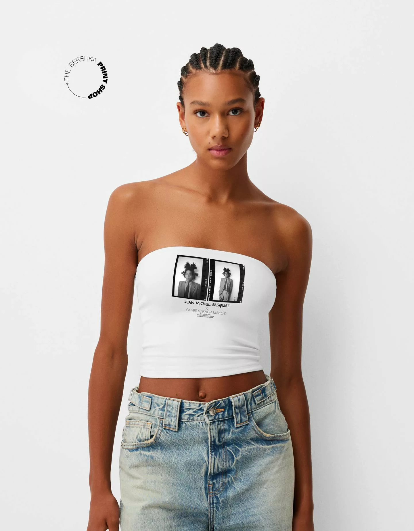 Bershka Bandeau-Top Basquiat Mit Foto By Makos Damen 10-12 Weiss günstig online kaufen