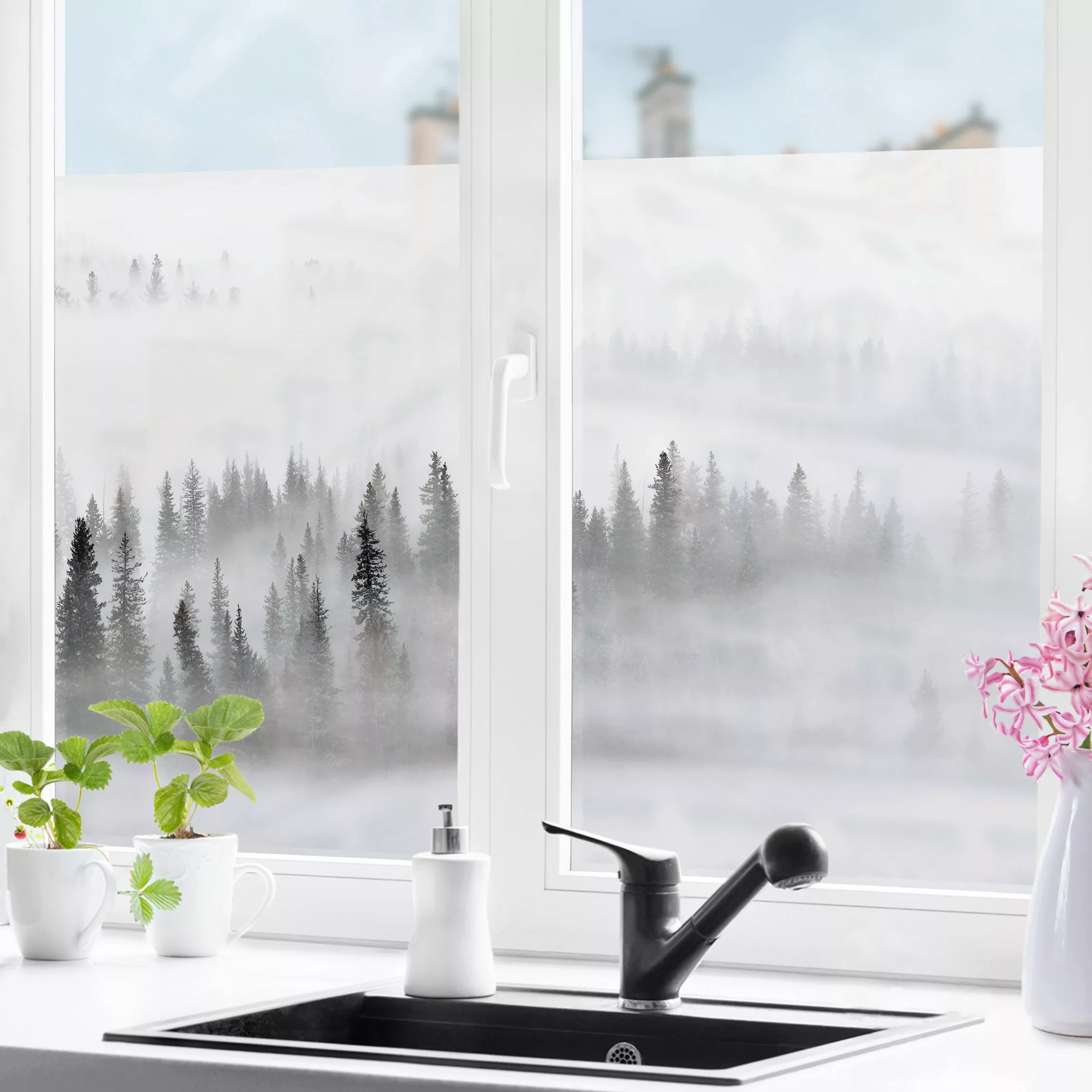 Fensterfolie Nebel im Tannenwald Schwarz-Weiß günstig online kaufen
