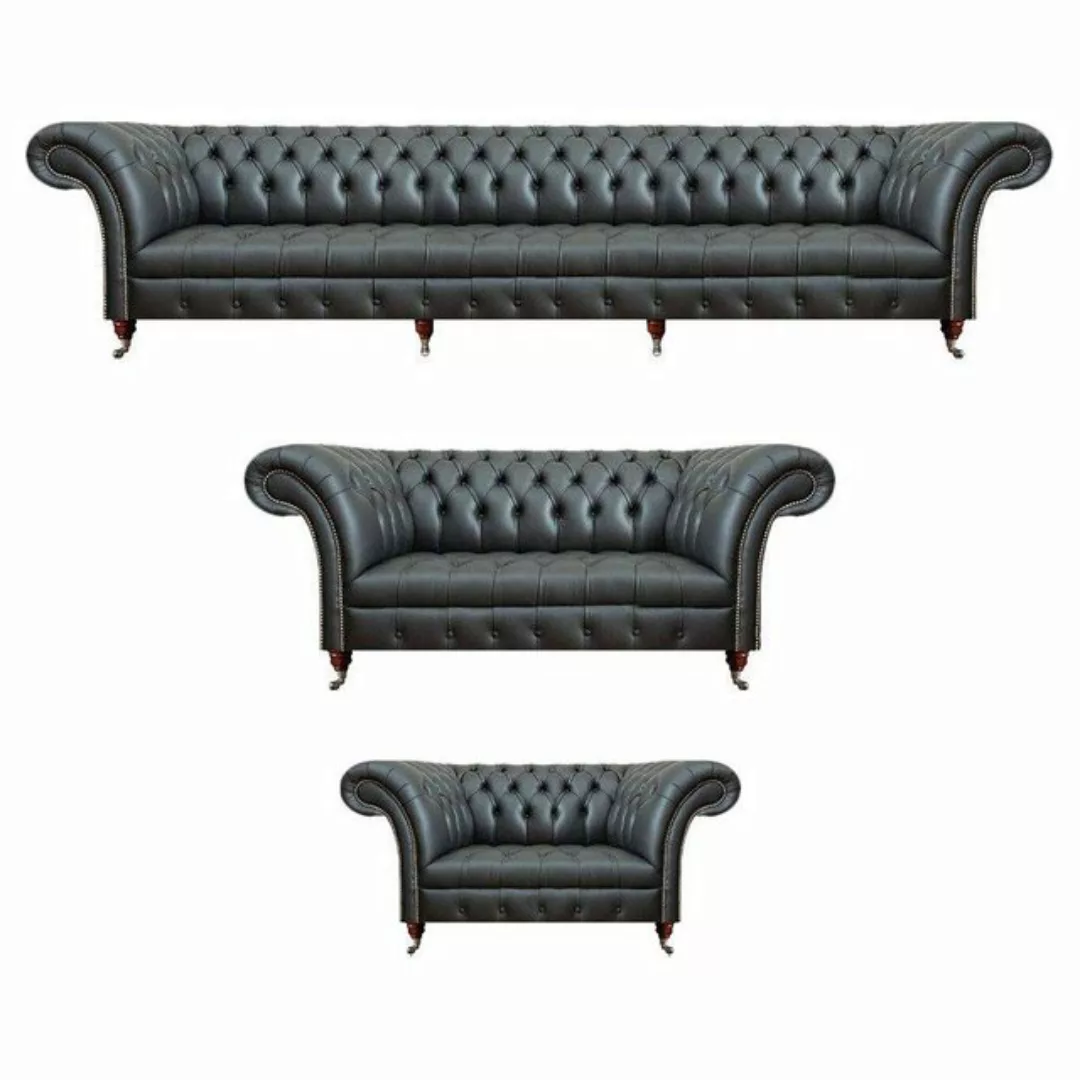 JVmoebel Chesterfield-Sofa Set 3tlg Leder 2x Sofas Schwarz Sessel Polstermö günstig online kaufen