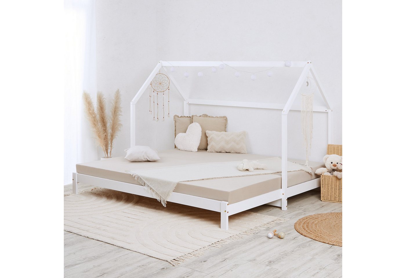 Homestyle4u Holzbett 90x200 Kinderbett Hausbett Weiß Ausziehbett auf 187 cm günstig online kaufen