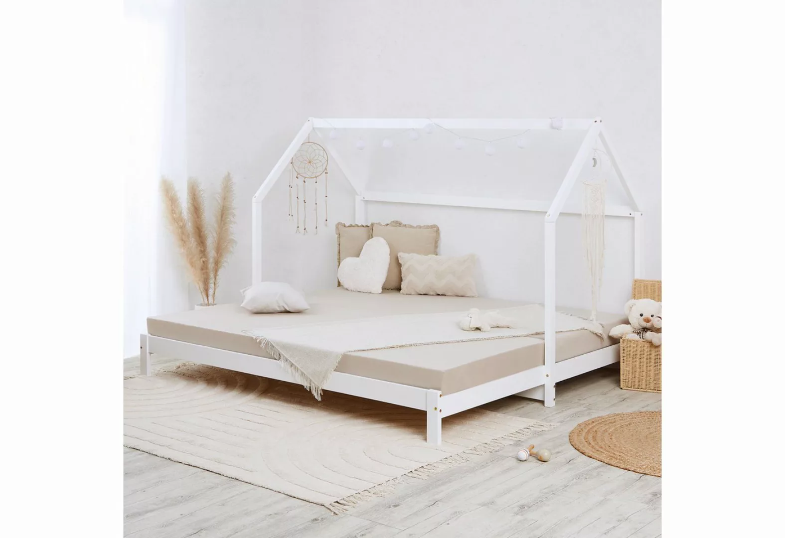 Homestyle4u Holzbett 90x200 Kinderbett Hausbett Weiß Ausziehbett auf 187 Fa günstig online kaufen