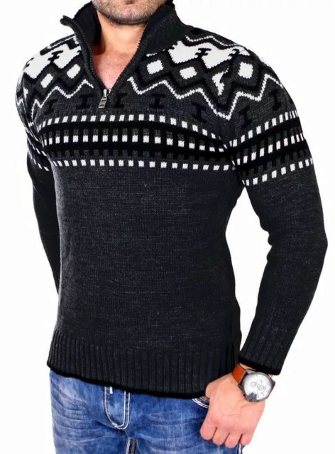 Reslad Strickpullover Reslad Herren Strickpullover Crewneck Zipper Norweger günstig online kaufen