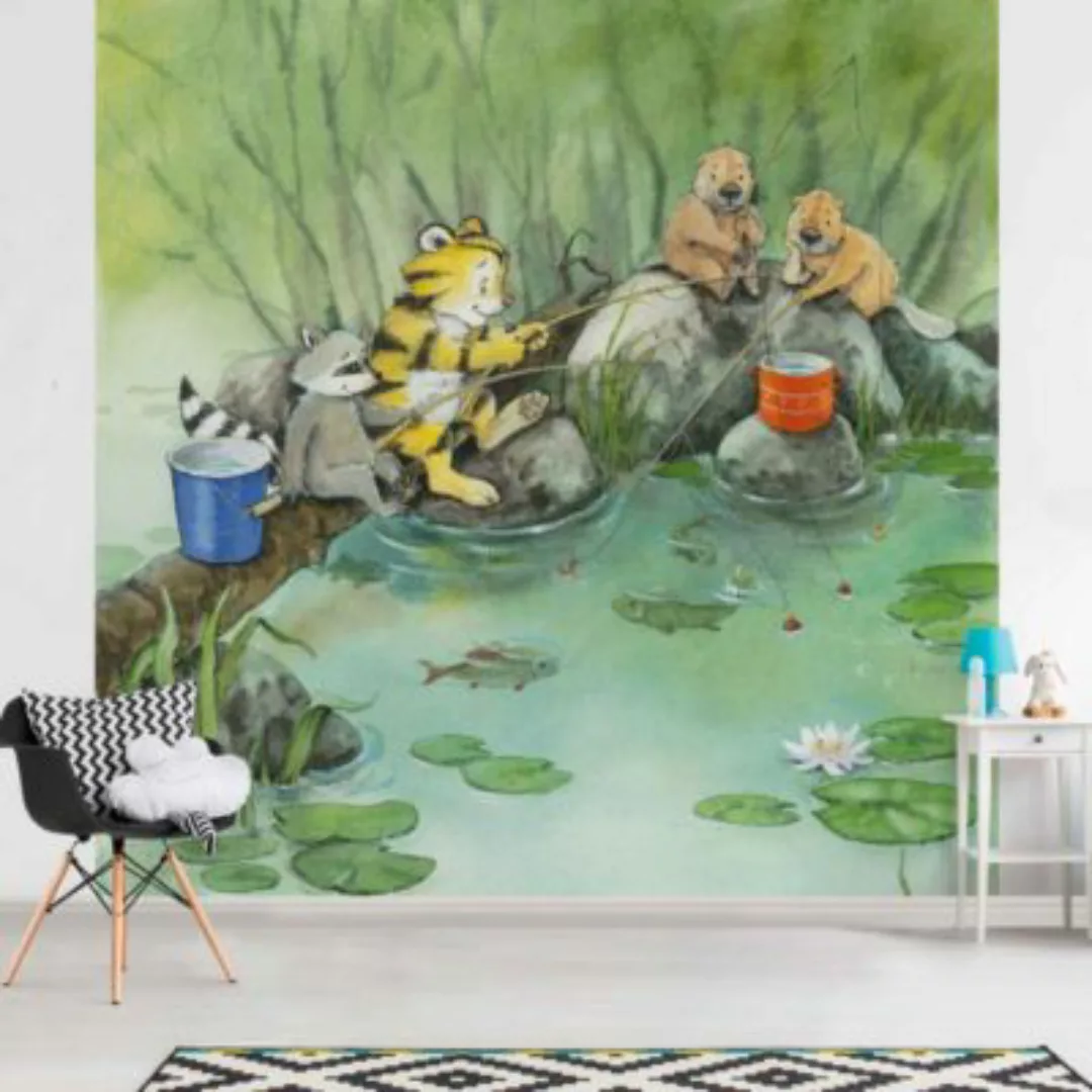 Bilderwelten Kindertapete Kleiner Tiger - Beim Angeln blau Gr. 336 x 336 günstig online kaufen